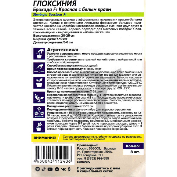 Глоксиния Брокада Красная с белым краем [Семена алтая] купить с доставкой