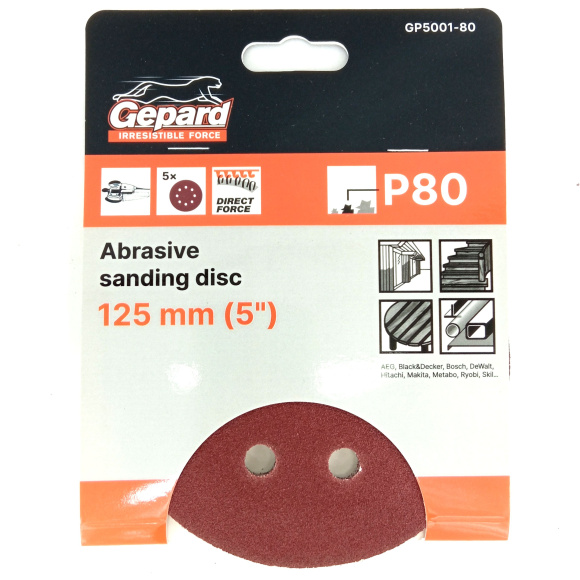 Шлифлист 125мм круг Р80 для дерева 8 отверстий 5шт. [GEPARD] купить с доставкой